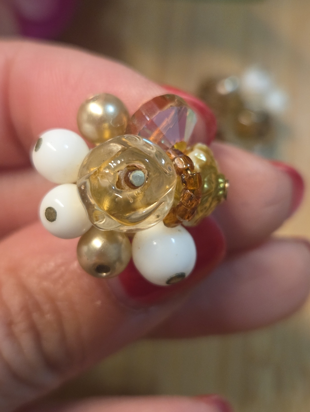 Vintage Vendome By Coro Cluster Bead Clip-On Earrings in White, Gold & Amber - Picture 3 of 7